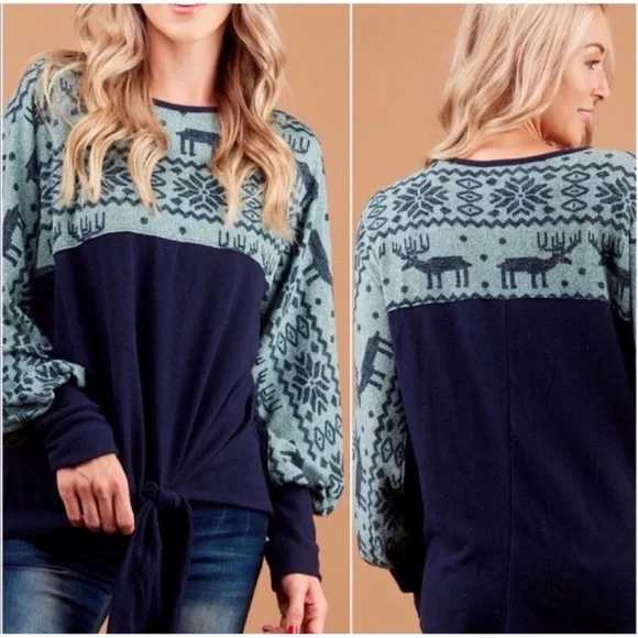 New Fair Isle Holiday Tie Front Top - Picture 4 of 7